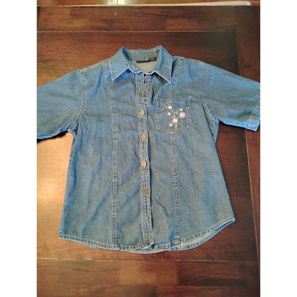 Speed Star Womens Medium Wash Embroidered Floral Denim Button‎ Down Shirt Small